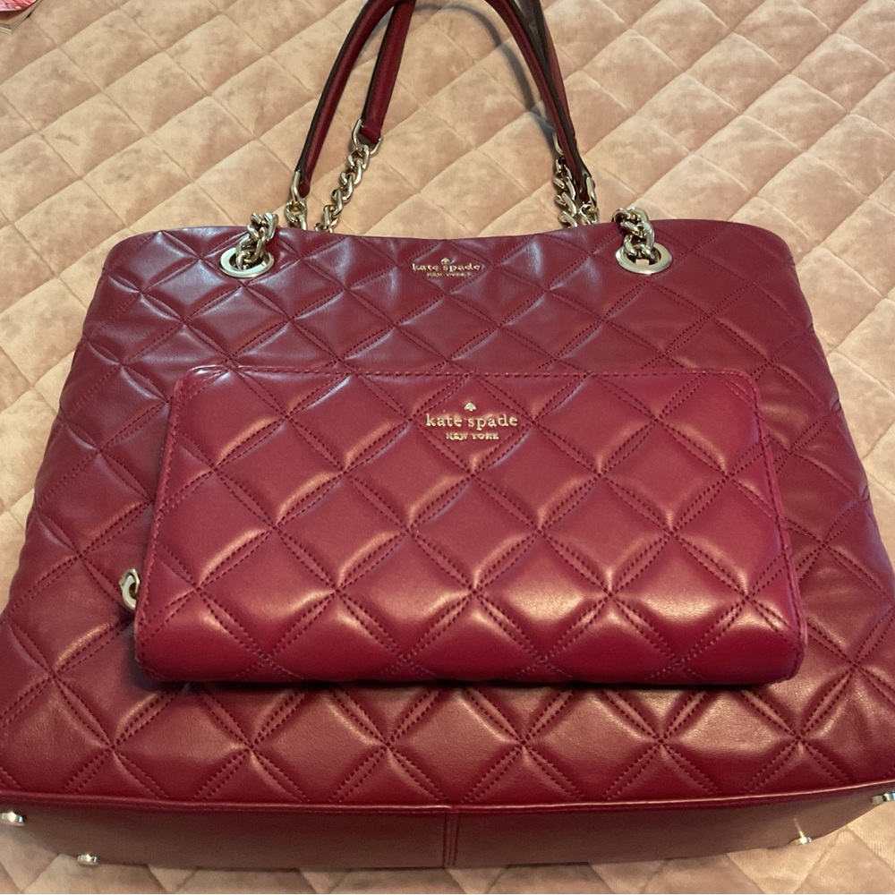 Kate Spade Natalia Quilted Leather Tote w/ Matching Wallet BlackBerry Preserves